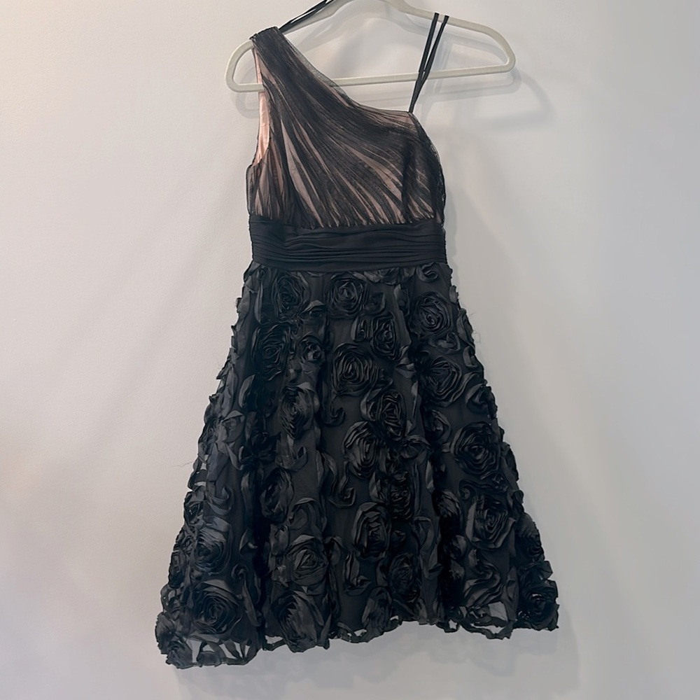 J. Taylor: Black & Pink One Shoulder Flower Cocktail Dress